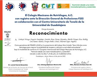 Ganador del primer lugar en el V Congreso Internacional del Colegio Mexicano de Nutriólogos, A. C.
